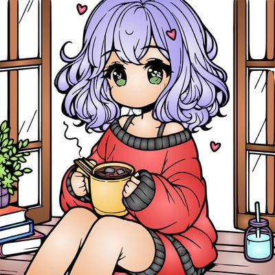 cute anime girl reading book and drinking hot chocolate from mug with loose wavy hair wearing a baggy sweatshirt and shorts sitting by windowsill looking out