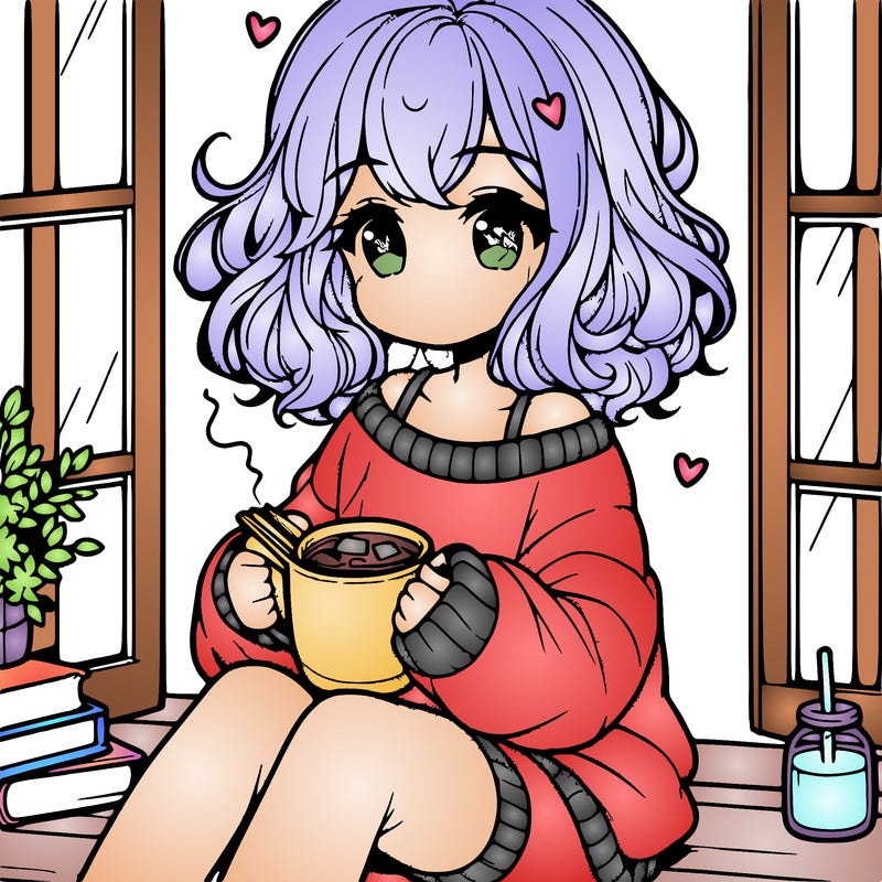 cute anime girl reading book and drinking hot chocolate from mug with loose wavy hair wearing a baggy sweatshirt and shorts sitting by windowsill looking out