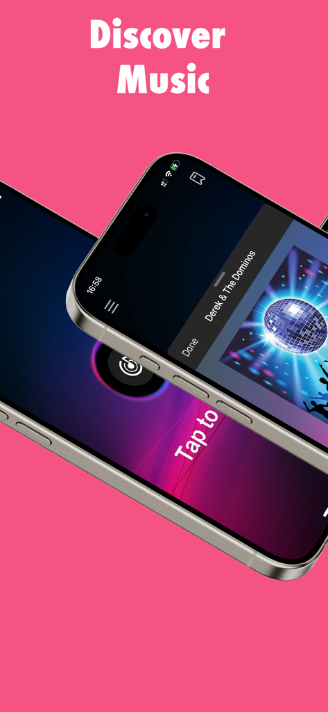 ピンクの背景の2台のiPhoneで音楽発見を示す「曲を特定」アプリのインターフェース