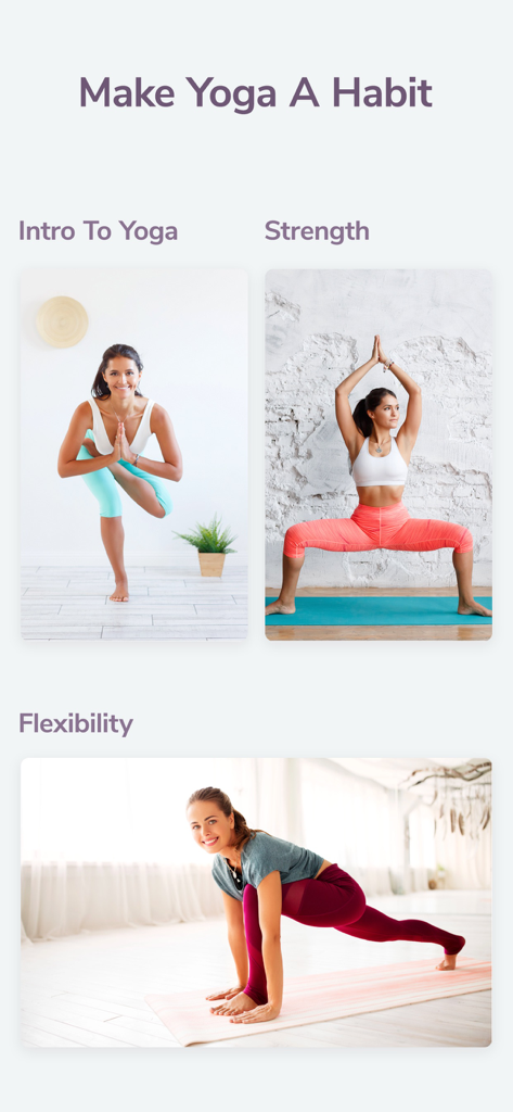 Yoga Time: For Beginners & All - Yoga Time app screen showing various yoga categories including Strength and Flexibility