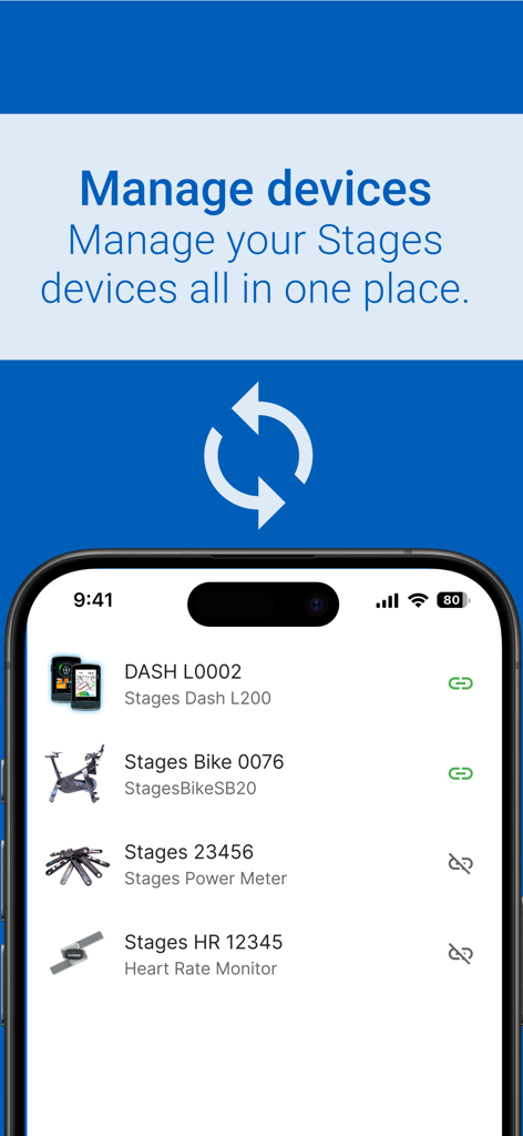 Stages Cycling - Una pantalla de smartphone que muestra la interfaz de gestión de dispositivos de la aplicación Stages Cycling con un GPS Dash y una bicicleta inteligente SB20 conectados