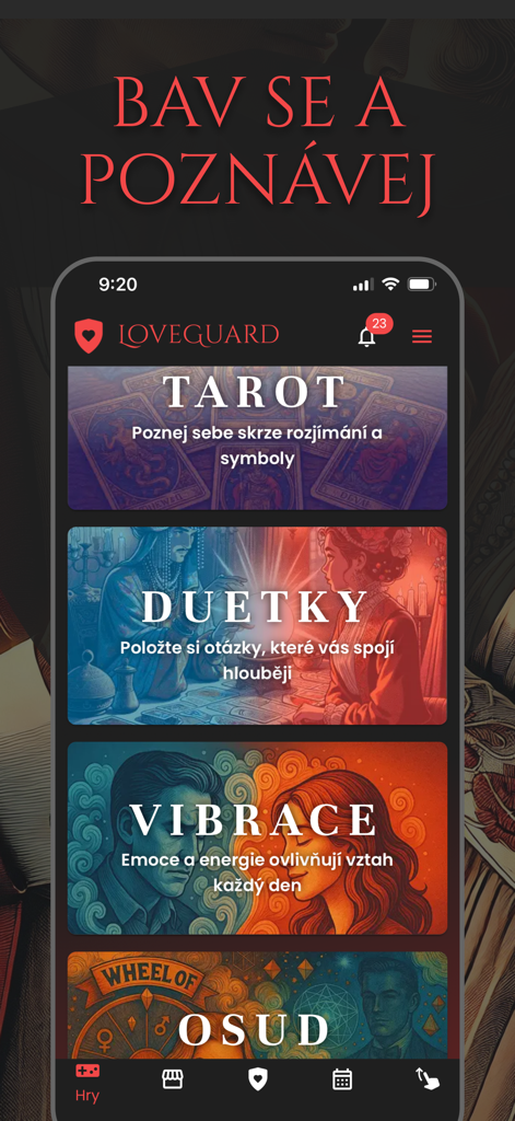 LOVEGUARD - LOVEGUARD app interface showing relationship games and activities like Tarot and Duets
