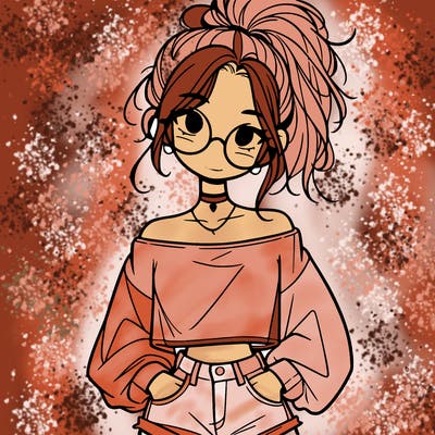 girl with a messy ponytail glasses a baggy crop top and jean shorts