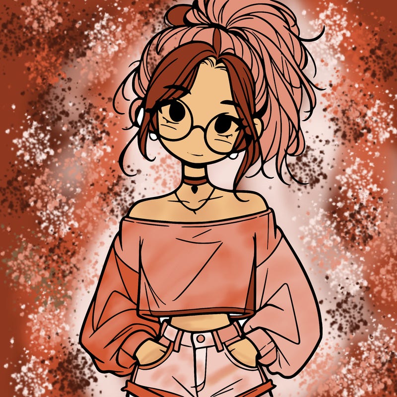 girl with a messy ponytail glasses a baggy crop top and jean shorts