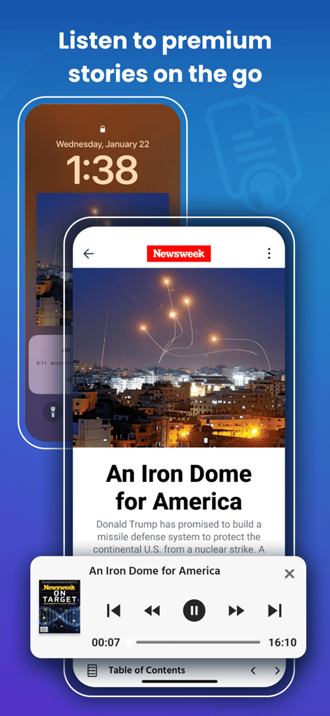 iPhone screen showing the Magzter app audio player playing a Newsweek magazine article with the title An Iron Dome for America