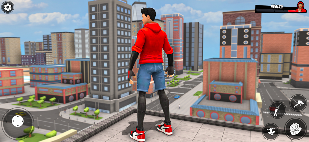 Um personagem de super-herói em pé no telhado de um edifício com vista para uma ampla paisagem urbana da cidade