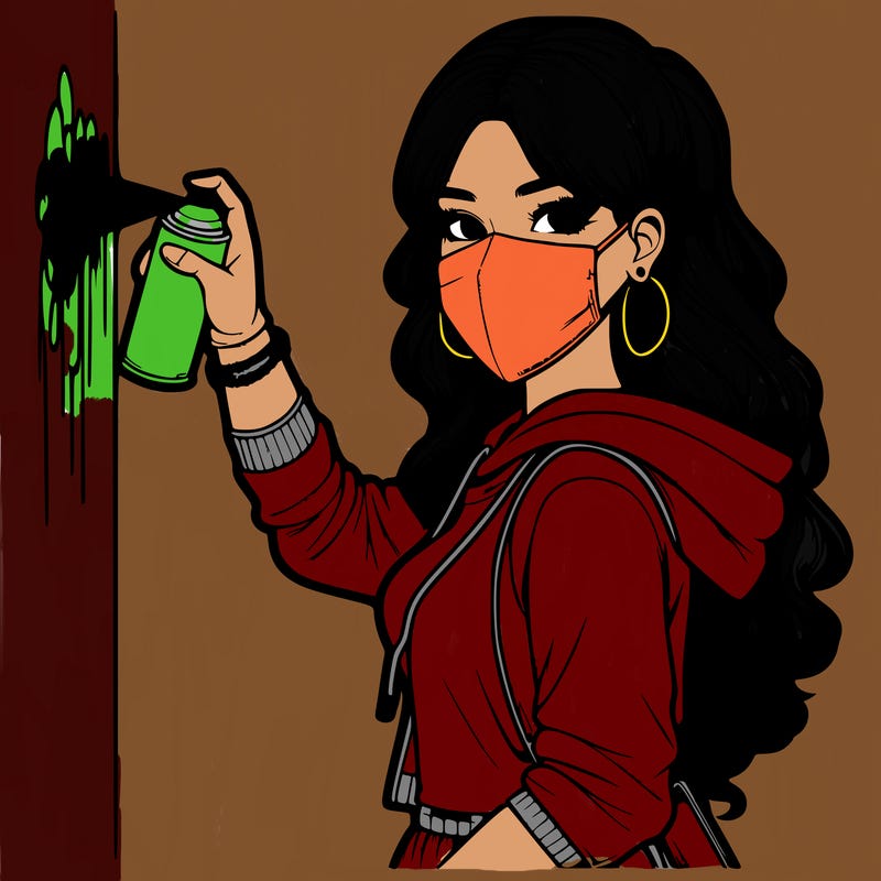 realistic girl with mask spray painting a wall