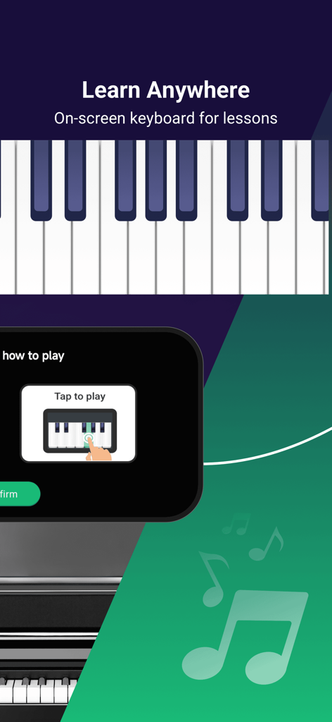 PianoDodo - Learn Piano Basics - A mobile screen showing the PianoDodo app with an on-screen keyboard and a tutorial for learning piano anywhere