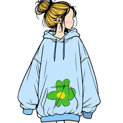 realistic girl with a oversized sweatshirt on and a bun