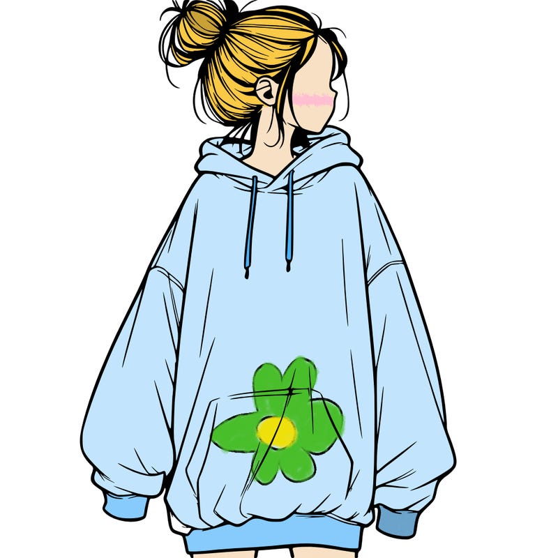 realistic girl with a oversized sweatshirt on and a bun
