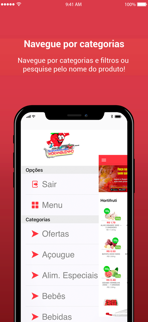 Supermercado Moranguinho - Mobile screen showing the grocery categories menu of the Supermercado Moranguinho app.