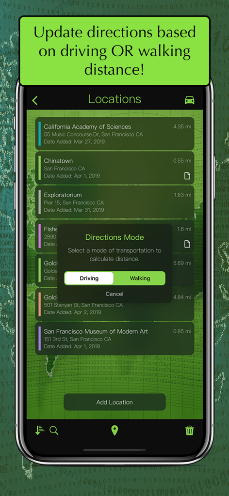 MapIt - Map Multiple Locations - Interface of MapIt app showing a list of locations with a pop up to select driving or walking directions