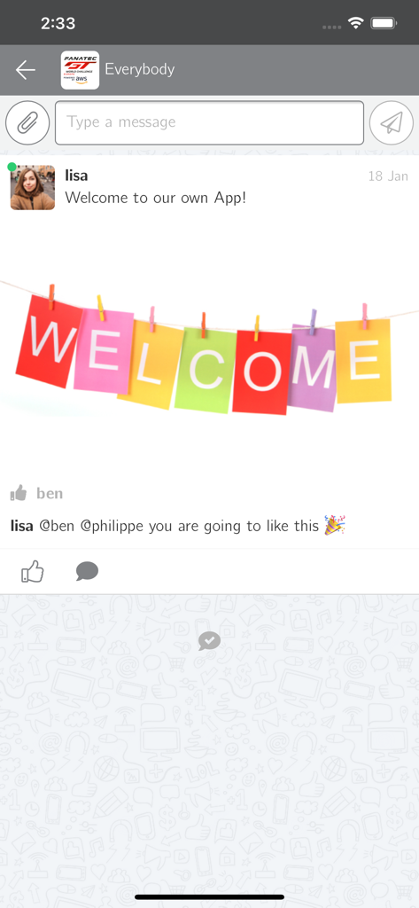 GTWCE pwd by AWS Teams - Group chat interface in the GT World Challenge Europe teams messaging app showing a welcome message.