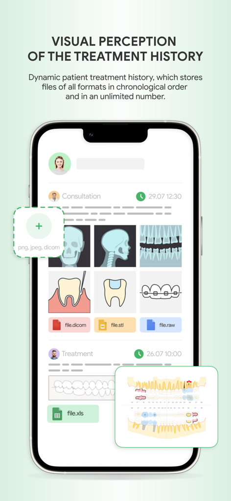 Cliniccards app interface showing a visual patient treatment history with dental x-rays and medical file storage.
