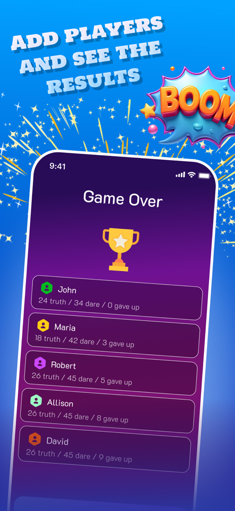 Truth or Dare 2025 - Truth or Dare 2025 game over screen showing player statistics for truth and dare challenges