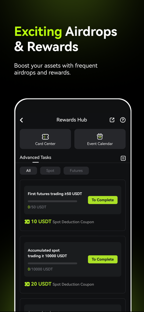 XT.com: Buy Bitcoin & Ethereum - XT.com mobile app Rewards Hub screen showing airdrop tasks and USDT coupon incentives for active traders