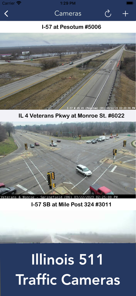 Screenshot of the Illinois 511 Traffic Cameras app displaying multiple highway camera feeds.