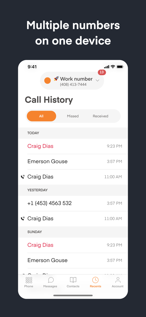Phoner app interface showing call history for a secondary work number on one device