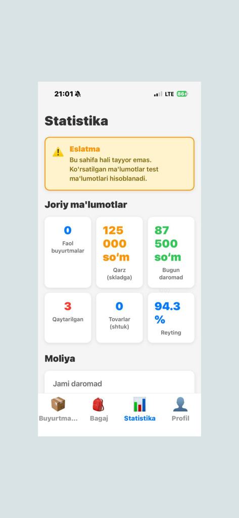 Courier Lite - Panel de estadísticas de la aplicación Courier Lite que muestra las ganancias del mensajero, las calificaciones y los datos de los pedidos en uzbeko