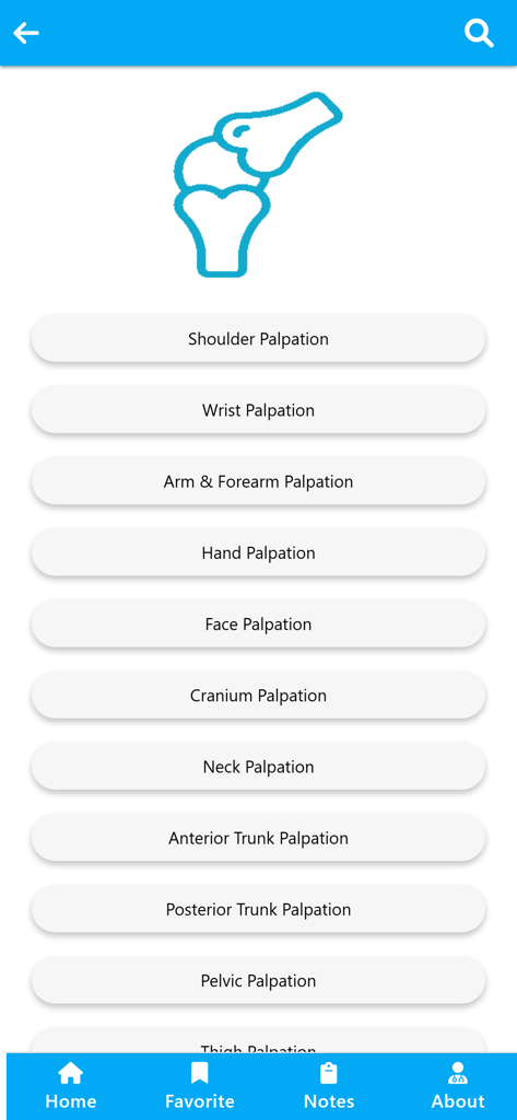 Physiotherapy Learning - Liste der Körperregionen für Knochen- und Muskelpalpation in der Physiotherapie-Lern-App