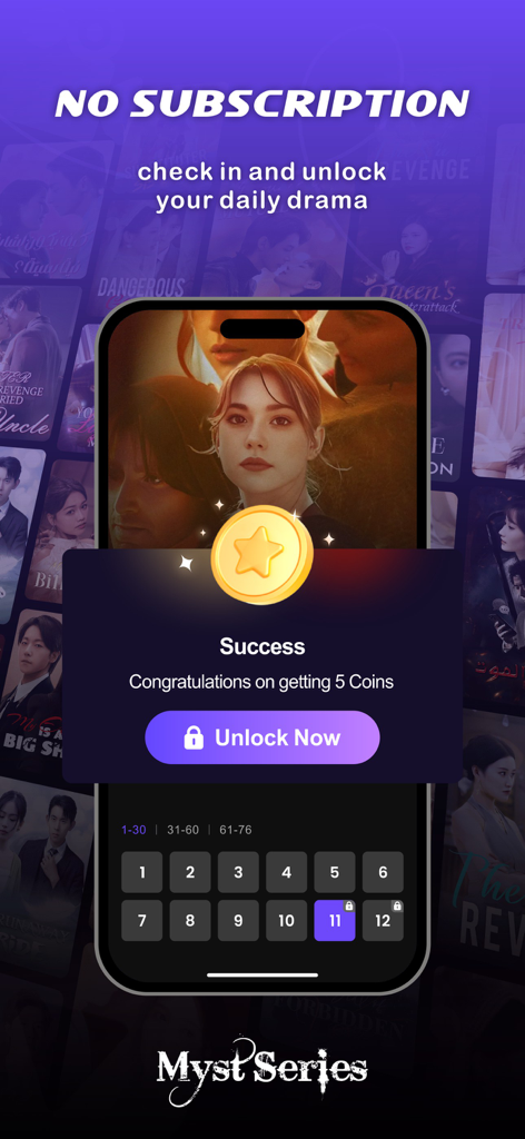 Myst Series-make a drama wish - Une capture d'écran d'une application mobile Myst Series montrant un message de succès de connexion quotidienne avec 5 pièces gagnées pour débloquer des épisodes de drama sans abonnement.