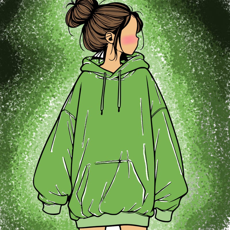 realistic girl with a oversized sweatshirt on and a bun