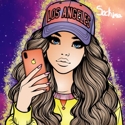 realistic beautiful girl wearing los ángeles cap holding an iphone
