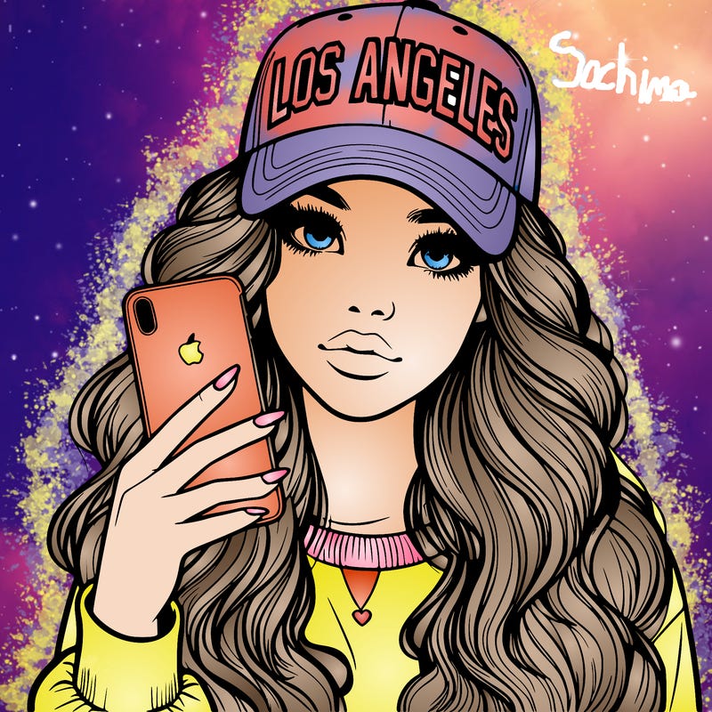 realistic beautiful girl wearing los ángeles cap holding an iphone