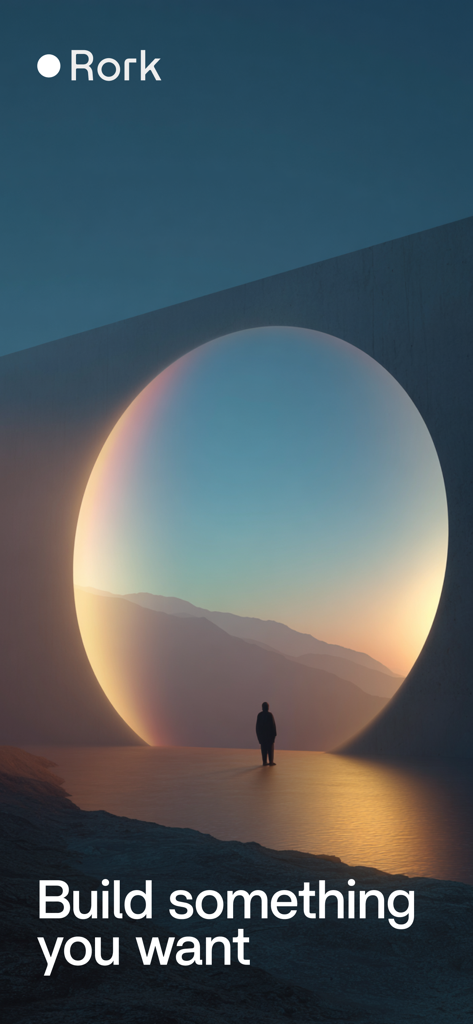 Rork - Rork mobile app Startbildschirm mit einem surrealen kreisförmigen Portal mit einer Berglandschaft und dem Text Build something you want.