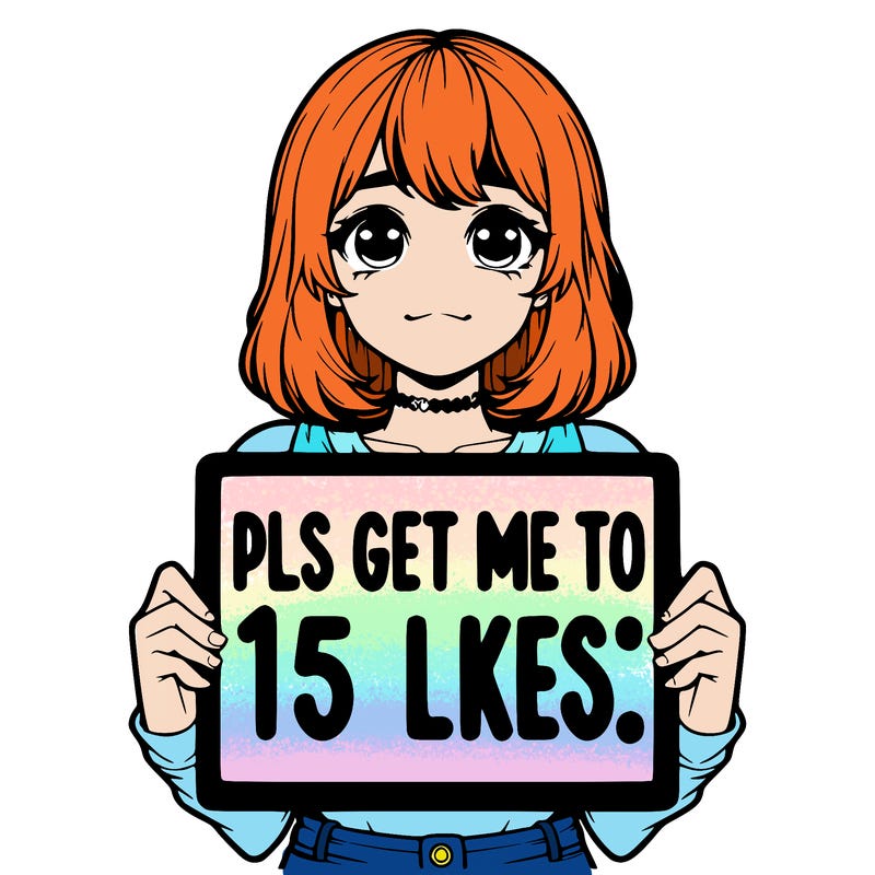 realistic girl holding up a sign that says “pls get me to 15 likes!”