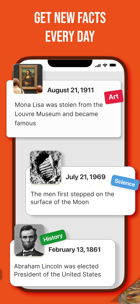 Factorium: Daily History Facts - Factorium アプリのインターフェイス。モナ・リザの盗難や月面着陸のような歴史、科学、芸術の毎日の事実が表示されています。