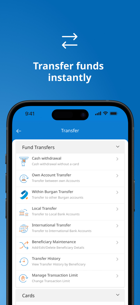 Burgan Bank mobile app screen displaying fund transfer options including local and international transfers