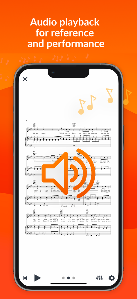 Sheet Music Direct 앱은 음악 참조 및 공연을 위한 오디오 재생을 보여줍니다.
