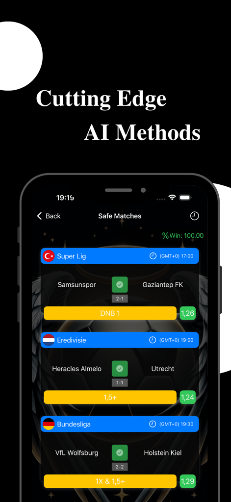 Bet Heaven app interface showing AI match predictions and safe football betting tips