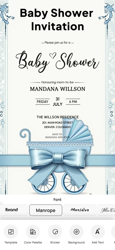 Invitation Maker| Digital RSVP - カスタマイズ可能なフォントとデザインオプションが付いた青いベビーシャワー招待状テンプレートを表示するモバイルアプリインターフェース