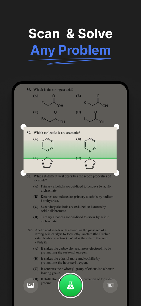 Chem AI: Chemistry Solver - A smartphone screen displaying the Chem AI app scanning a chemistry worksheet to solve a problem instantly.