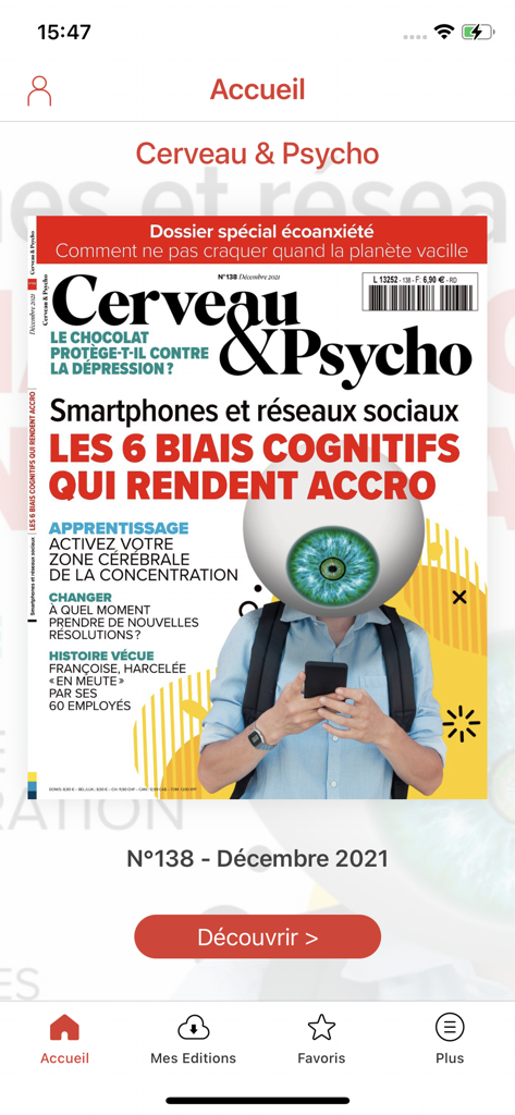 Cerveau & Psycho - Cerveau and Psycho magazine app home screen displaying a December 2021 issue cover about cognitive biases and smartphones