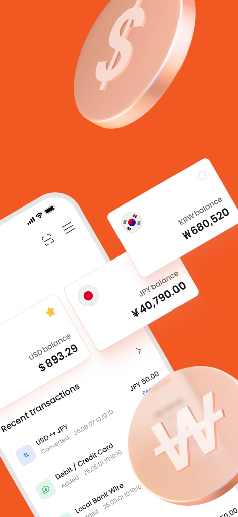 STICPAYアプリがUSD、JPY、KRWの通貨残高と最近の取引履歴を表示しています