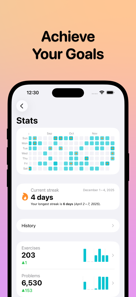 Mental Math - Mathee - Mental Math Mathee statistics screen showing activity heat map daily streaks and problem history