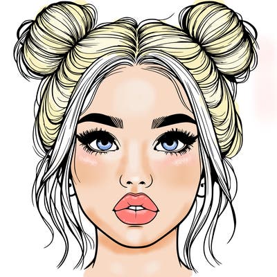 realistic girl with two buns on her hair and lips