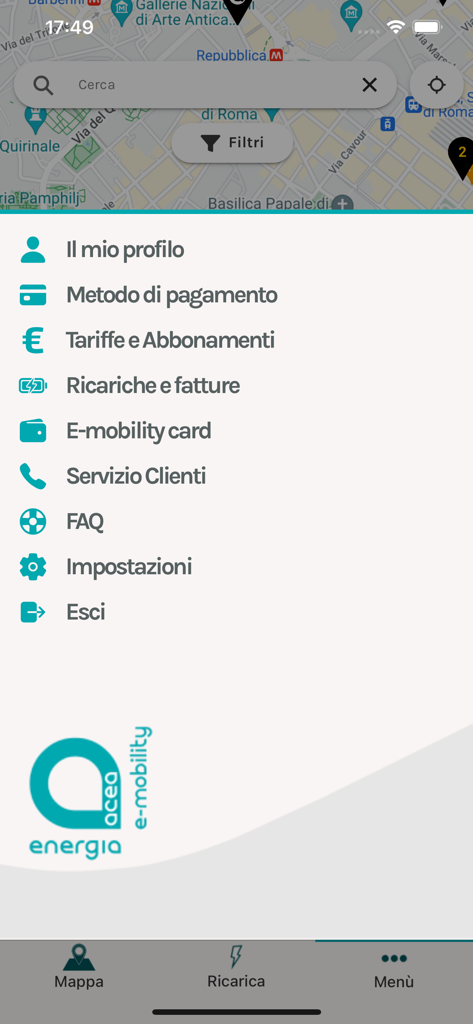 Acea e-mobility - Menu laterale dell'app Acea e-mobility che mostra opzioni per il profilo utente, i metodi di pagamento e la cronologia di ricarica su una mappa di Roma.