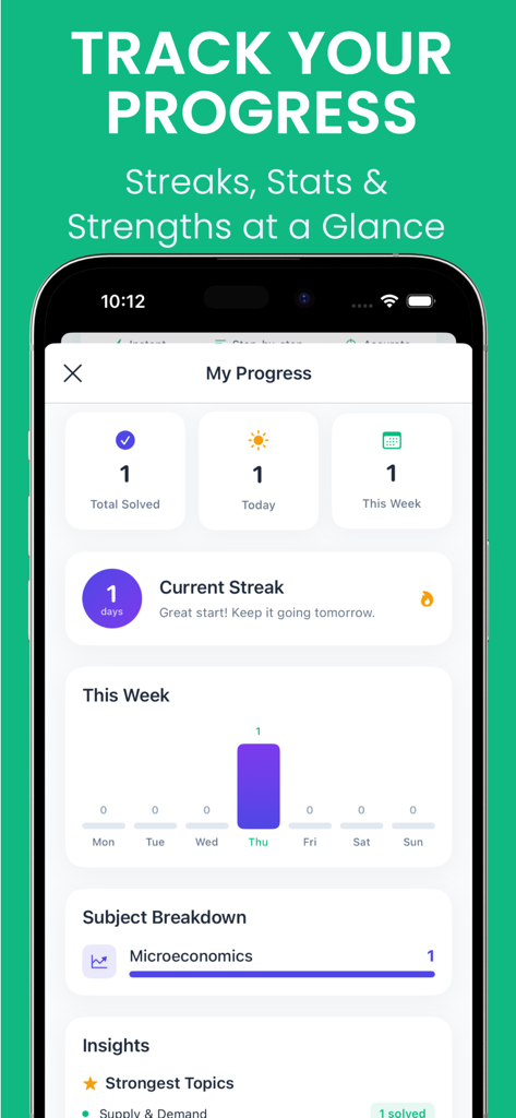 Economics AI: Homework Helper - A dashboard in the Economics AI app showing learning progress, current streaks, and subject statistics.
