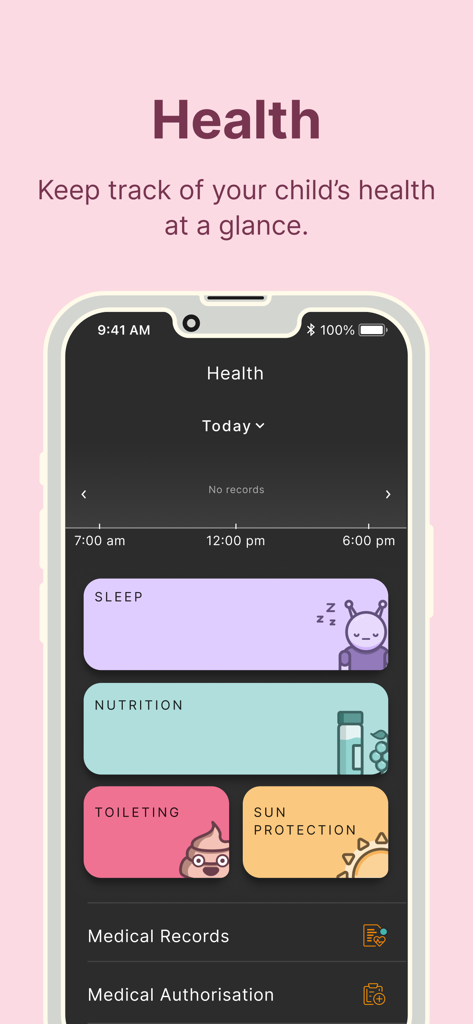 Xplor Home - The health tracking dashboard of the Xplor Home app showing sleep nutrition toileting and sun protection metrics for child care
