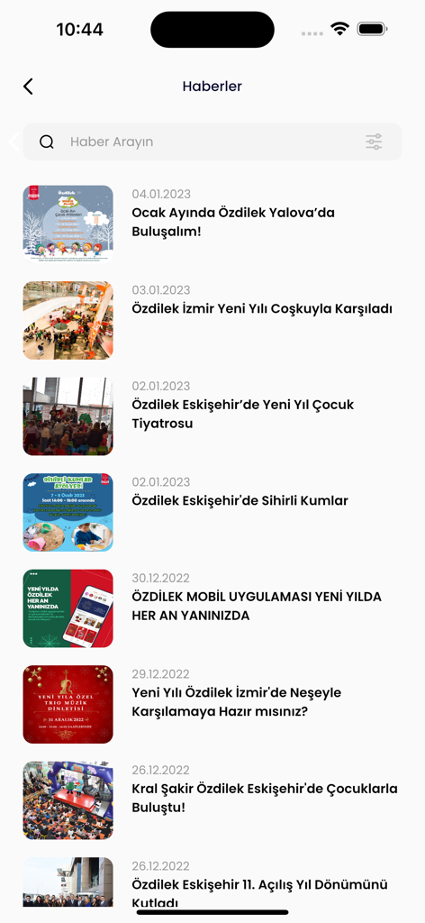 Özdilek AVM - A list of news and events within the Ozdilek AVM mobile app featuring shopping center updates and campaign activities.