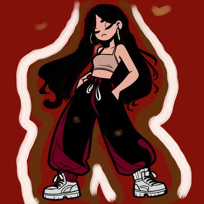 girl in baggy pants crop top and long hair