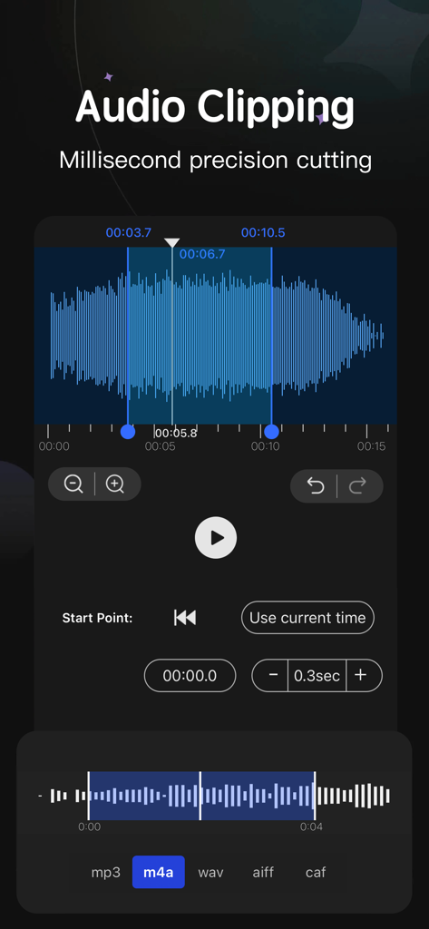 Audio Editor - Music Mixer - Audio editor interface showing millisecond precision waveform clipping for music editing