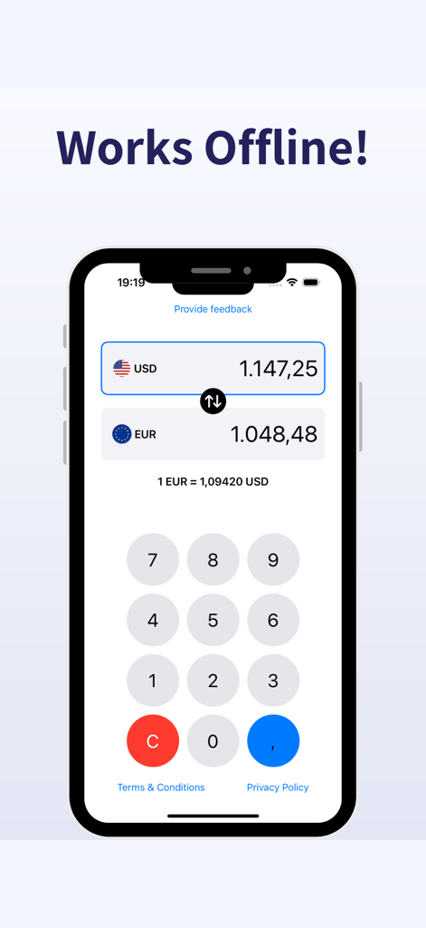 Euro to Dollar Converter - Schermata dello smartphone che mostra l'interfaccia dell'app Convertitore Euro Dollaro con l'intestazione Funziona Offline