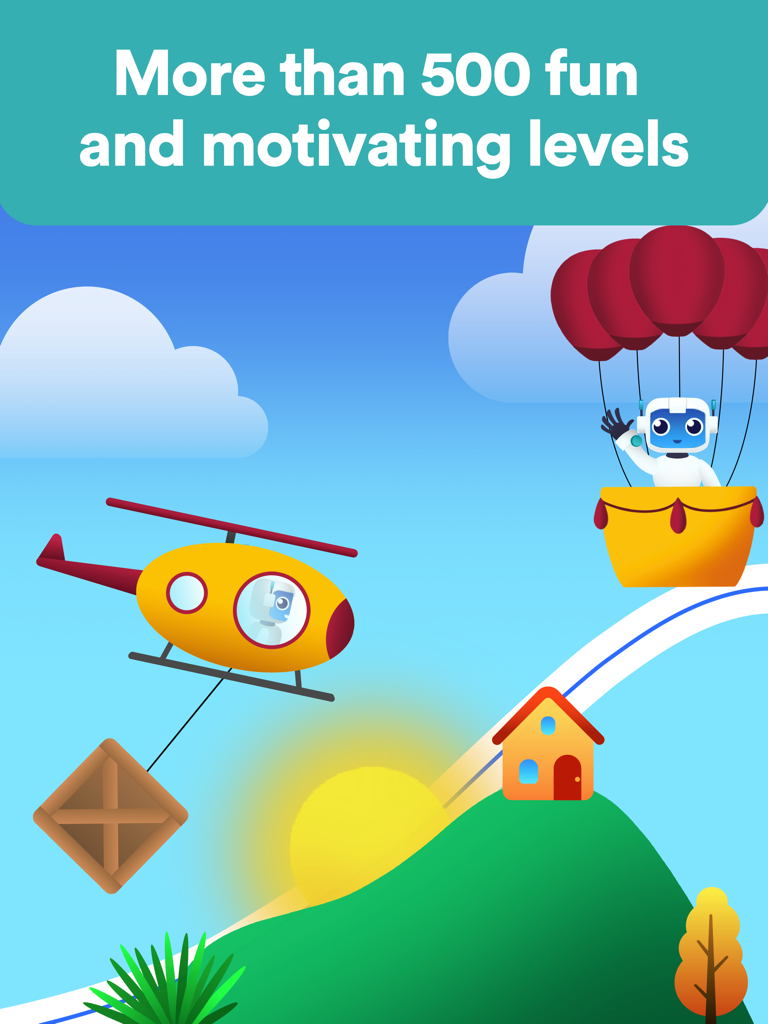 Un paisaje de dibujos animados coloridos con un helicóptero y un robot en un globo aerostático promocionando más de 500 niveles divertidos y motivadores.