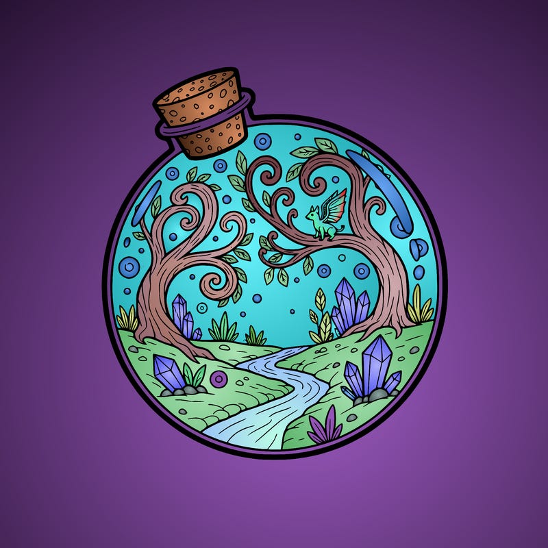 enchanted landscape enclosed in a glass bubble with a cork stopper