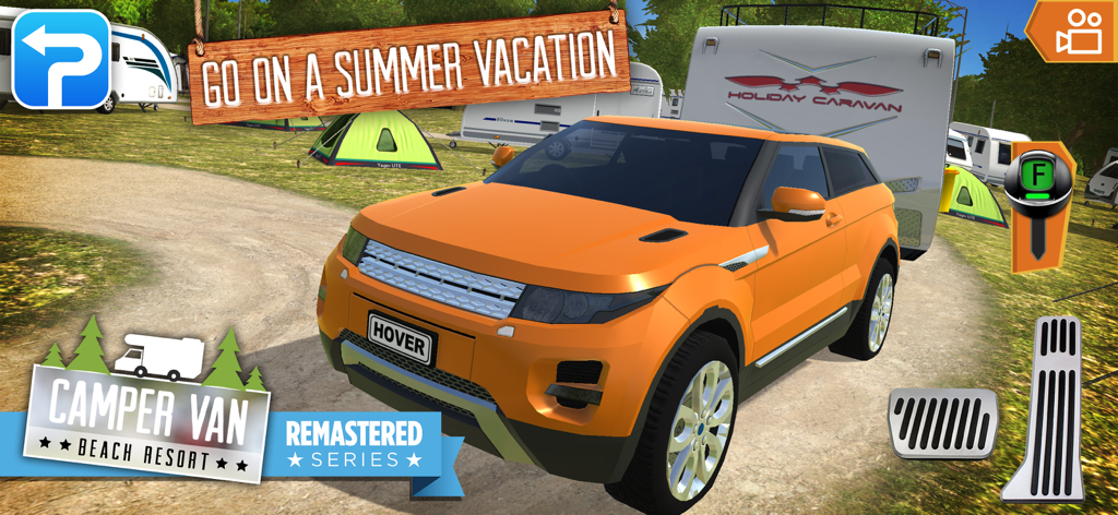 Un SUV naranja remolcando una caravana por un camping en el juego móvil Camper Van Beach Resort.